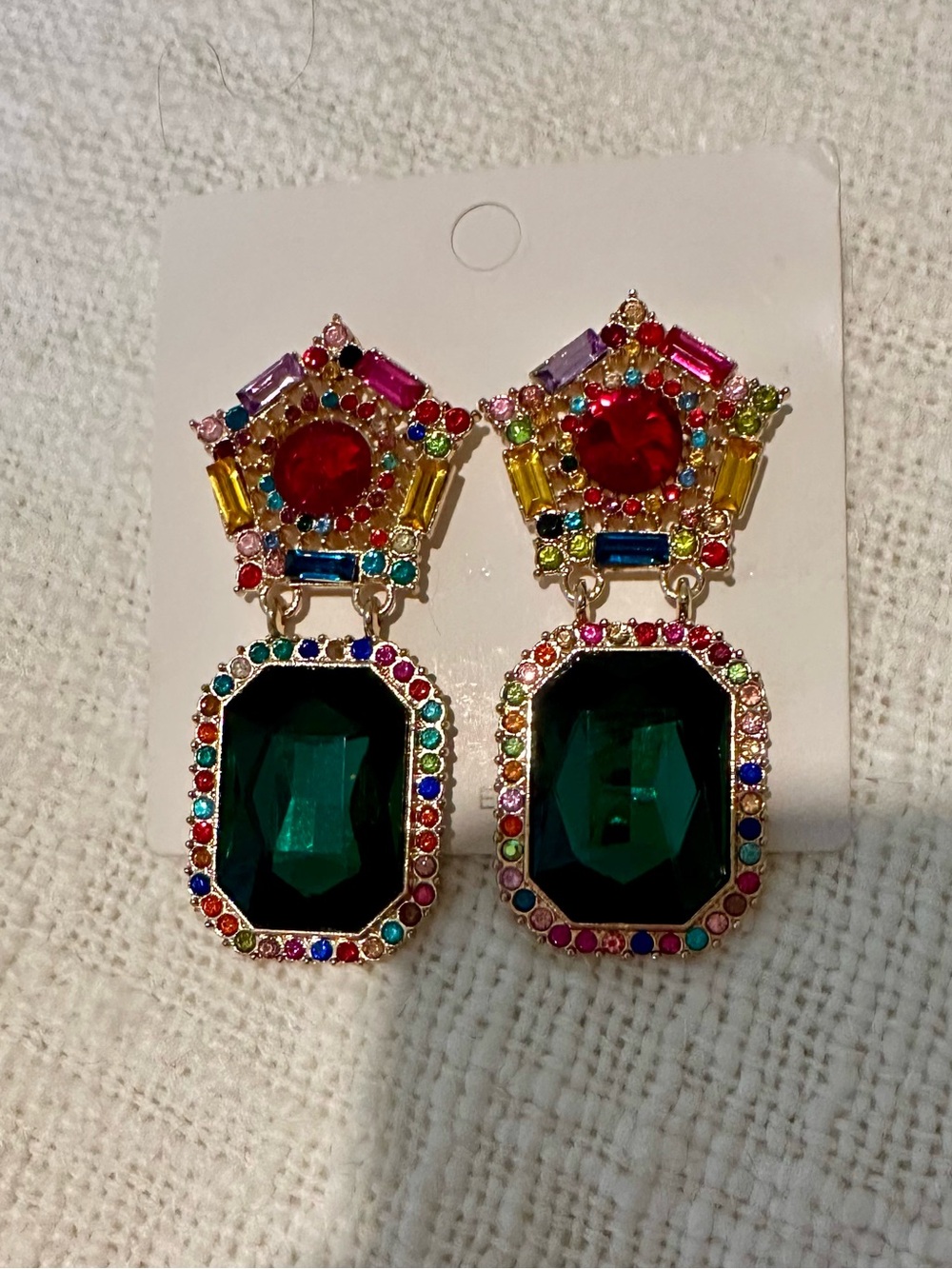 Multicolor Crystal Statement Drop Earrings - Green Center